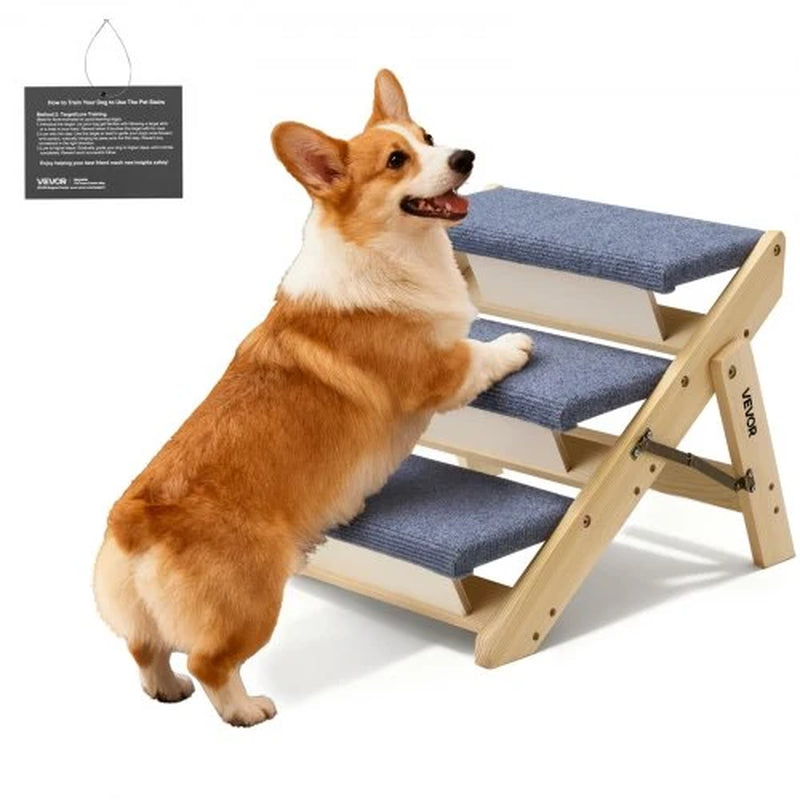 3-Step Wooden Dog Stairs for Bed & Sofa – Foldable, Carpeted Steps, 150 lb Capacity